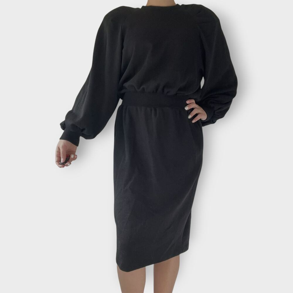 Paula Hian Dress Vintage Wool Black Balloon Sleeve Cinched Waist Sweater Large